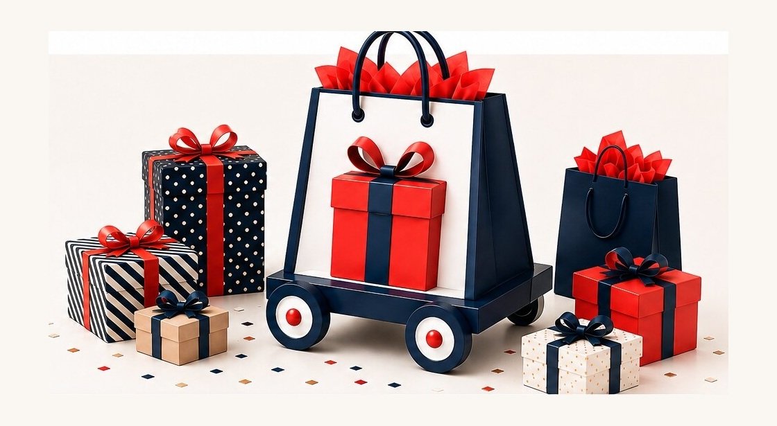 Gift bags and presents on The Portable Gift Shop rolling cart